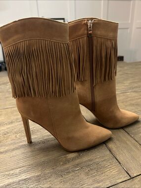 Nine West Tan Suede Fringe Stiletto Boots